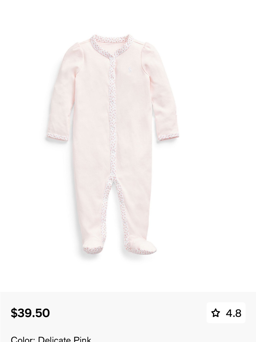 NWT Ralph Lauren Delicate Pink Footed One-Piece Pajama trim coveralls
